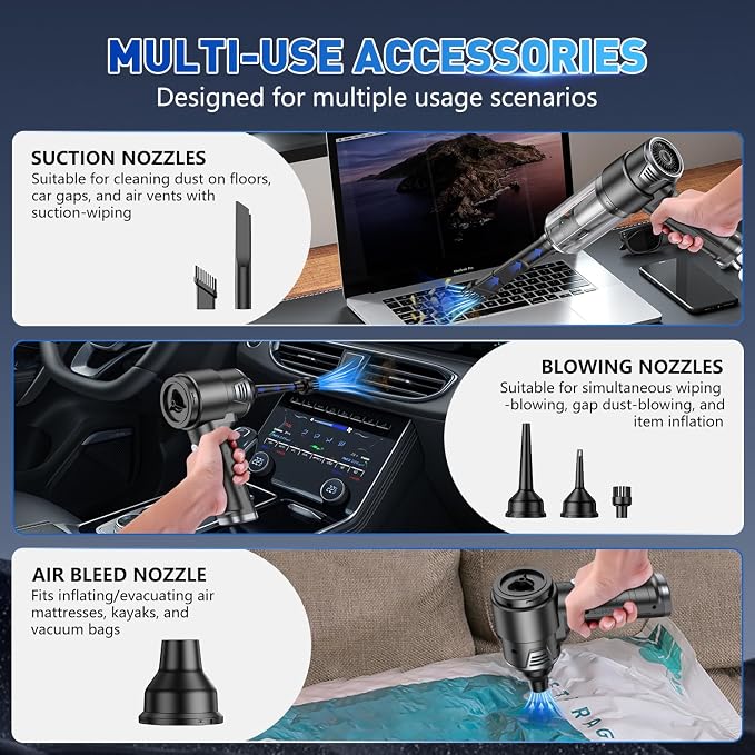 KMM Handheld Car Vacuum Cleaner, 10000PA Hand Held Vacuum & Air Duster | Strong Suction, Cordless, 120W High Power, Portable, Multi-Nozzles & LED Light, for Home, Car, Office