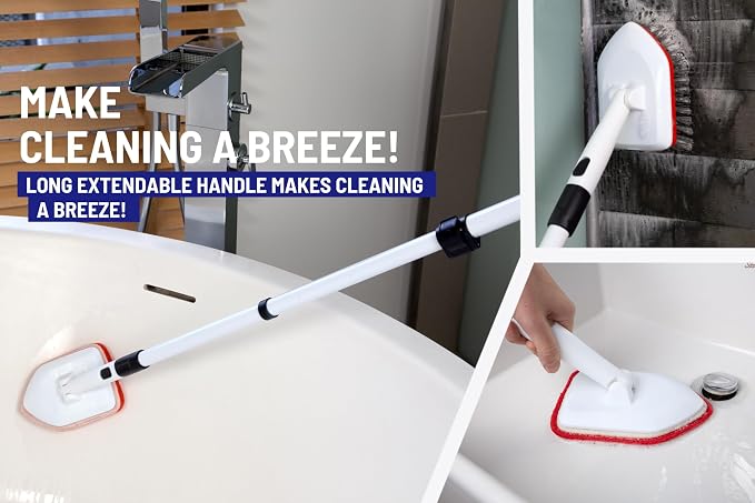 Moku Home Shower Scrubber 3 in 1 Extendable Long Handle 58" Cleaning Brush | Non-Scratch Bathroom Scrubber for Tub, Tile, Shower, Kitchen, Toilet, Sink, Wall & Floor; Telescopic Shower Cleaning Brush