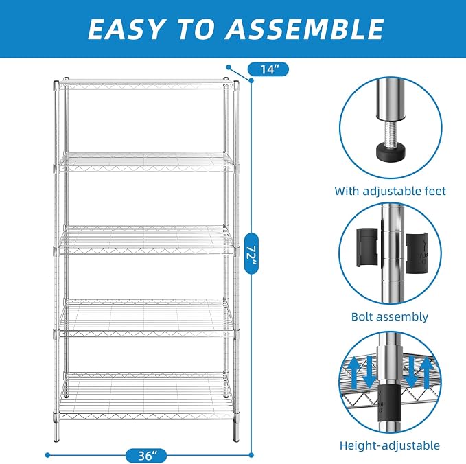 Guan River 5-Shelf Adjustable Metal Wire Shelving,Chrome,36"L x 14"W x 72"H | Height Adjustable,Sturdy and Durable,Storage Sehlf Display Rack for Office,Kitchen,Bedroom,Bathroom,Garage