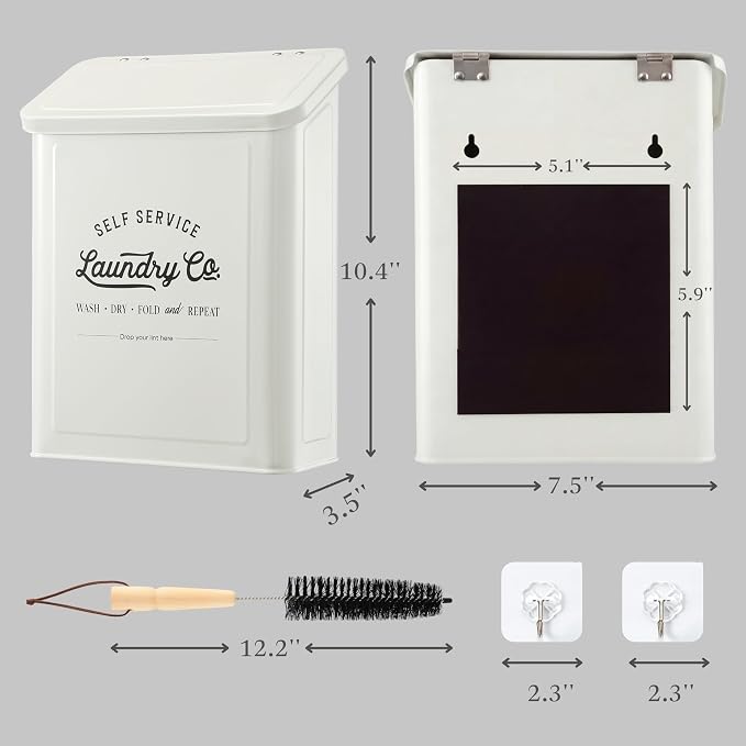 MONJITA Magnetic Lint Bin for Laundry Room, Laundry Trash Can with Brush | Metal lint holder and magnetic lint box for dryer, laundry room organization, farmhouse laundry decor
