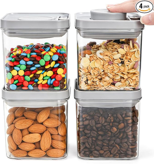 WRINGKIT Set of 4 Airtight Food Storage Containers, 0.58 Qt Small Cereal Snacks Container with Lids, Leak Proof Stackable Flour Sugar Canisters for Pantry, Spices, Candy, One Button Opening, 550ml