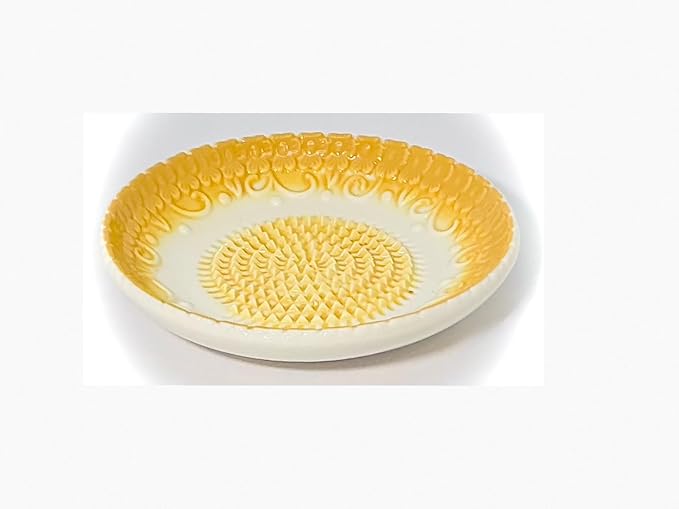 BonCera, All-in-one Premium Ceramic Garlic Grater Plate 4-Piece Set - Yellow Embossed Design and Style - For Garlic, Ginger, Chocolate, and more! - Comes with 5.25" Plate, Peeler, Brush, and Stand