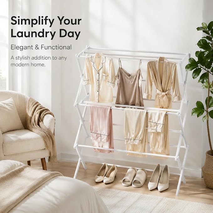 Drying Racks 3 Tier Expandable Clothes Airer Collapsible Clothes Drying Rack, Space-Saving Laundry, Hanging Clothes Indoors & Outdoors, Lightweight, Compact, Folds Away for Convenient Storage,White