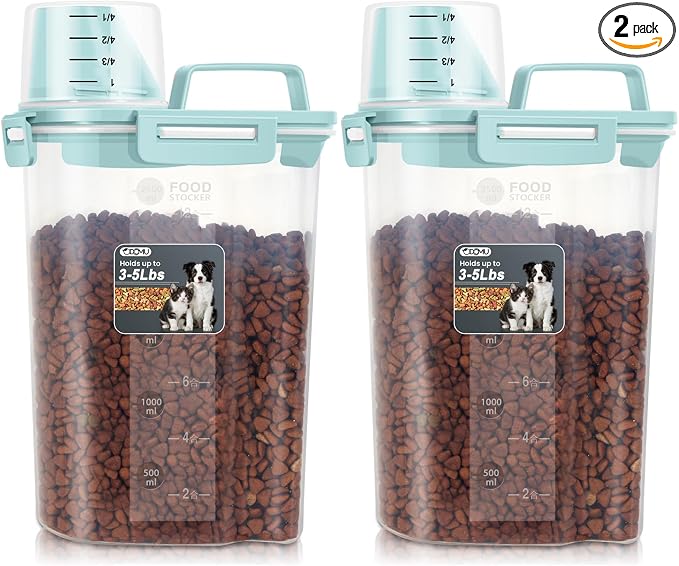 Dog Cat Food Storage Container, Pet Food Pourable Container Airtight with Large Spout & Cup, BPA-Free Plastic Food Dispenser for Pet Food, Bird Seed, Rice, Flour (Light Blue, 2.5L (2 pack))