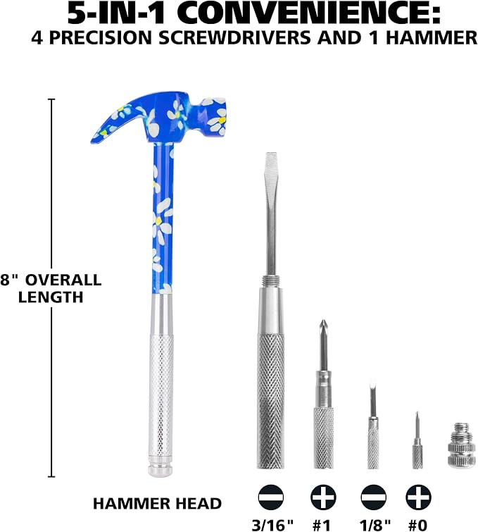 GreatNeck 5-in-1 Hammer, Built in Multitool Screwdriver, Chrome Plated | Includes Four Screwdrivers and One Hammer, Rust Resistant, Great for Household Projects, Lightweight and Easy to Use