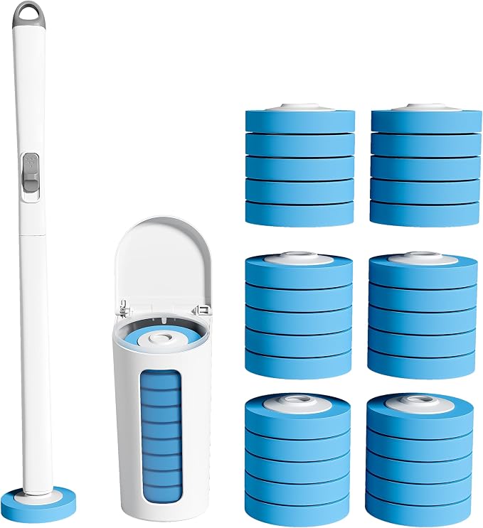 CQT Disposable Toilet Bowl Brush with Toilet Wand 30 Refill Heads, Toilet Bowl Cleaner Wands,Toilet Cleaning System Starter Kit(Wand+30 Refills)