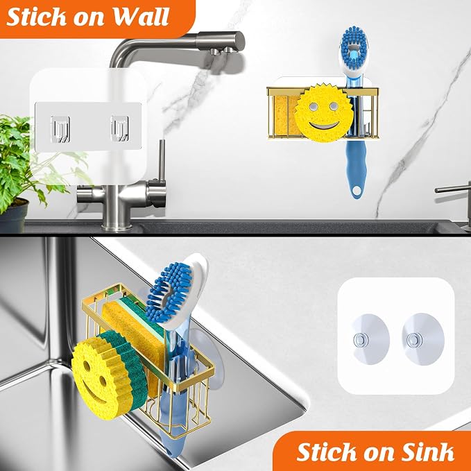 MURLONG Sponge Holder Smiley Face, Sink Caddy for Kitchen Sink, Sink Organizer Sponge Holder with 2 PCS Suction Cups/1 PCS Adhesive Strips, Designed for Sponge, Soap, Dish Brush, Scrubber-Gold