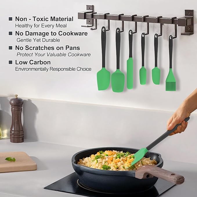 Silicone Spatula Set, 6 Pieces Food Grade Kitchen Utensils with Silicone Brush Heat Resistant Dishwasher Safe BPA-free Rubber Spatula for Scraping, Baking, Cooking, Mixing (Green)