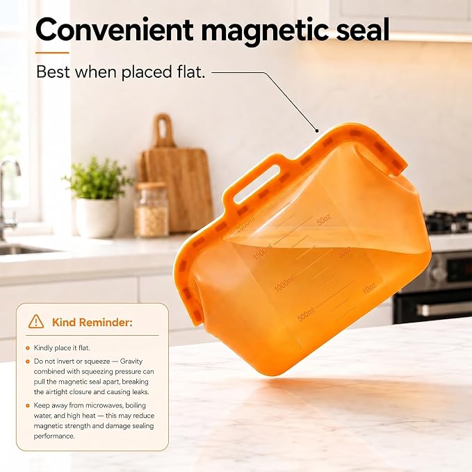 Magnetic Fast Seal Reusable Storage Bags, NUZEAK Silicone Reusable Food Storage Bags, Stand Up Silicone Freezer Bags for Food, Fruit, Snack, Sandwich, Meal Prep, Dishwasher Safe, 68oz, 1 Pack