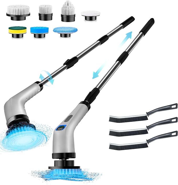 Electric Spin Scrubber for Cleaning - Bathroom Floor Shower Scrubber with Long Handle Cordless Handheld Power Spin Brush, IPX7 8in1 400RPM LED-Screen Fast Charging