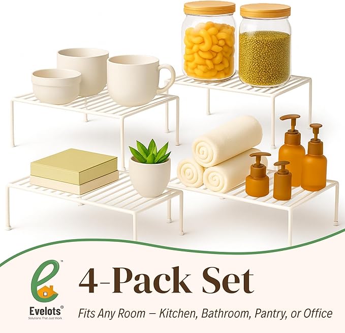 Evelots Wire Shelf Organizer Set, Large Metal Cabinet Risers, 4-Pack, White | Four large rustproof metal shelf organizers create extra storage space in kitchen cabinets, pantries, freezers and bathrooms.