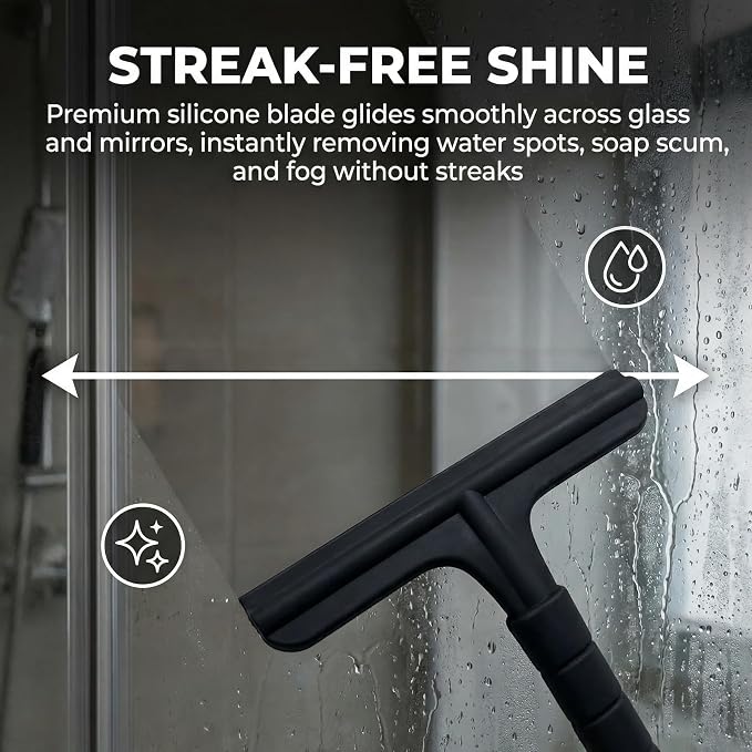 8 Inch Silicone Shower Squeegee for Glass Doors – All-in-One with Built-in Hook, Ergonomic Non-Slip Handle & Reinforced Iron Core, Multi-Purpose for Mirrors, Countertops, Windows, Black