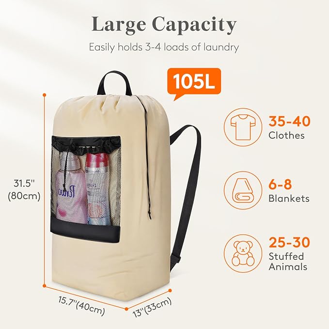 Lifewit Laundry Bag Backpack Travel, 105L, Khaki | Extra Large Bag with Shoulder Straps and Mesh Pocket for Laundromat, Heavy Duty Basket for Dirty Cloth College Dorm Apartment