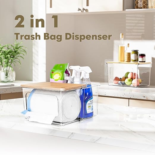 iCASA Trash Bag Dispenser Holder - 2 in 1 Acrylic Under Sink Organizer | Garbage Bags Dispenser with Bamboo Lid, Holds up to 100 Count, 13/30/33 Gallon Bag Roll, Pantry Organization and Storage