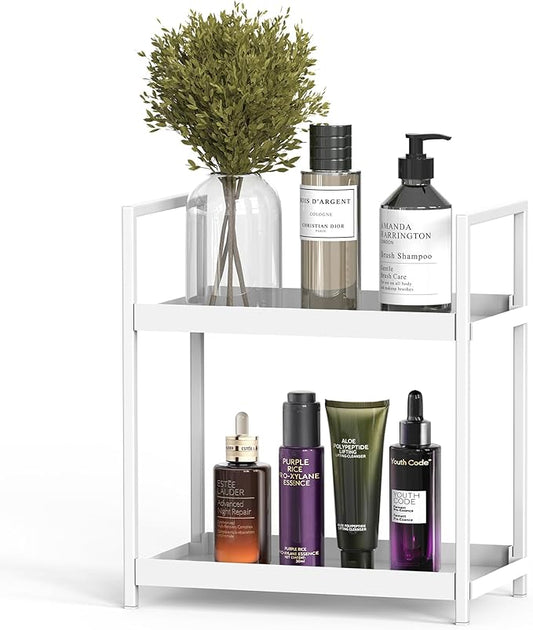 Bathroom Organizer Countertop, 2 Tier Counter Storage Shelf for Makeup Perfume Skincare Cosmetic Beauty Product, Small Vanity Countertop Tray Stand Rack Holder for Bathroom Sink Dresser, White