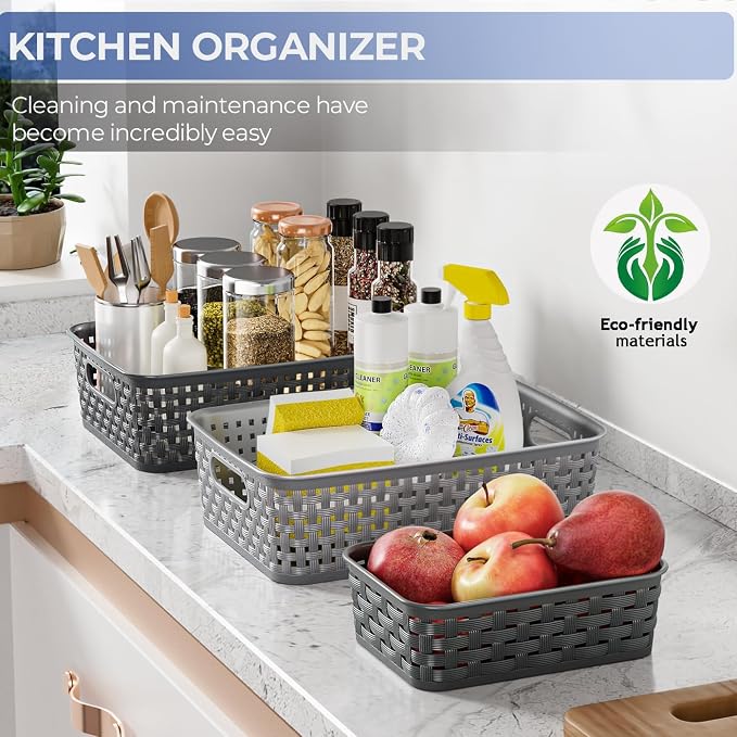 FUCDTEFC Black Plastic Basket, 8 Pack Home Organization and Storage Baskets with Handles, Space Saving Woven Organizer Bins Plastic Storage Basket for Organizing Cabinets,Closets, Shelves, Countertops
