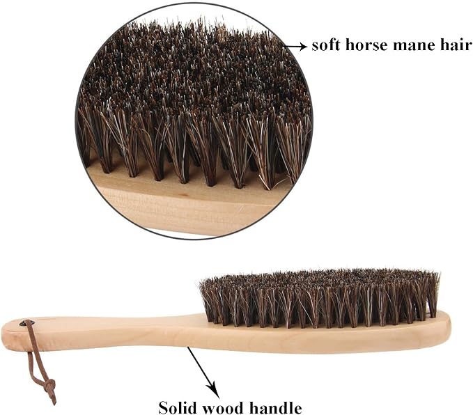 Clothes Garment Dust Cleaning Brush Lint Remover Brush with Genuine Soft Horsehair and Wooden Handle for Coat Men Suits Shoes Jacket Furniture Car Mat and Pet Hair (2-Pack)