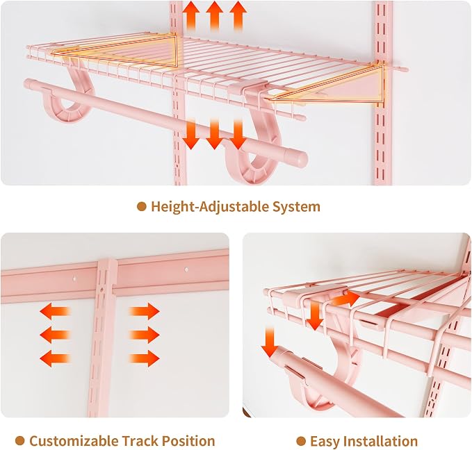 PROWORX 4-6 Ft. Expandable Closet Organizer System, Pink Custom Metal Wire Closet Shelving, Organizers and Storage Shelves Wall Mounted with Hanging Rods