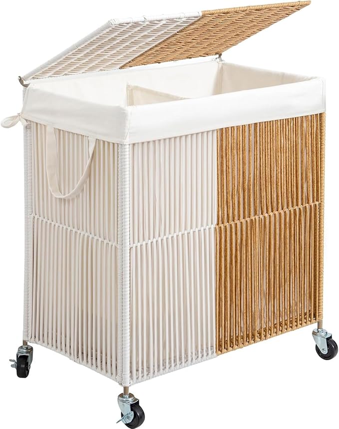 WOWLIVE Rolling Laundry Basket Wheels, Handwoven Laundry Hamper with Lid | Double Clothes Hamper with Divided Removable Bag, 115L Large Laundry Sorter 2 Section, Laundry Room Organization