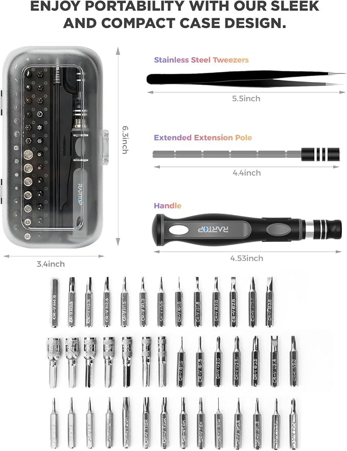 Precision Screwdriver Set - 48 in 1 screwdriver bit set Magnetic Small Screwdriver Sets with Case, mini screwdriver set for Computer, Laptop, iPhone, MacBook, PC, Game Console, Eyeglass, Black