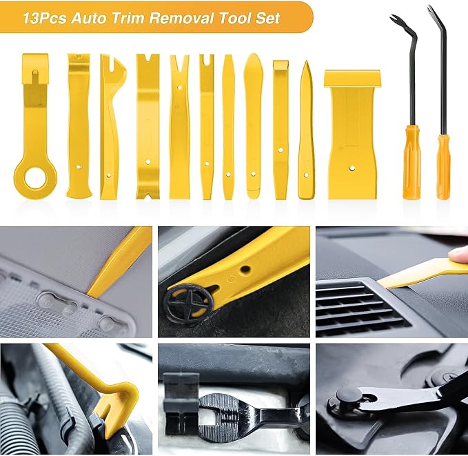 GOOACC 13PCS Nylon Trim Removal Tool Set | for Bumper Fastener Rivet Clips Car Door Clip Panel Audio Video Dashboard Dismantle Yellow