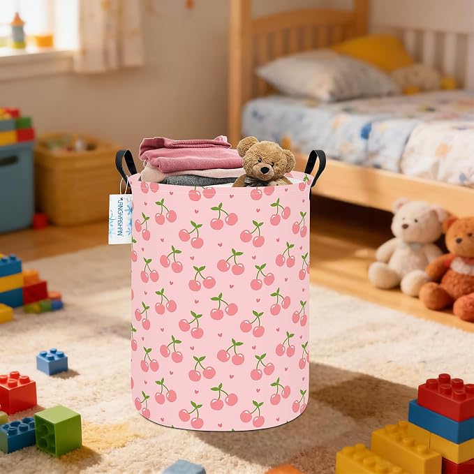 Round Laundry Basket Collapsible Storage Hamper Organizer Pink Cherry | Waterproof Canvas Foldable Baskets with sturdy Handles Multi-scene Organizer for Home Play Bedroom Gift Bin