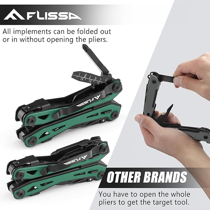 FLISSA 16-In-1 Multi-Tool Pliers, EDC Multitool, Multipurpose Tool, Green | Gift for Men, Stainless Steel, Pocket Knife, Belt Clip, Oxford Pouch, Safety Locking, For Camping, Survival & Outdoor