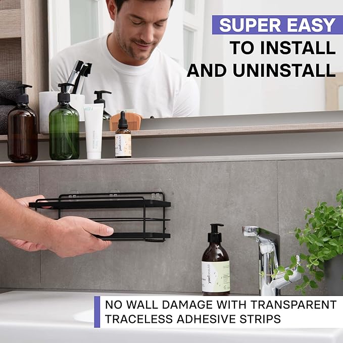 KINCMAX Premium Shower Caddy, 2-Pack Adhesive Shower Organizer, No Drill Bathroom Shelves, Rustproof Stainless Steel Shower Shelves for Inside, Shampoo Holder, Storage Rack, Matte Black