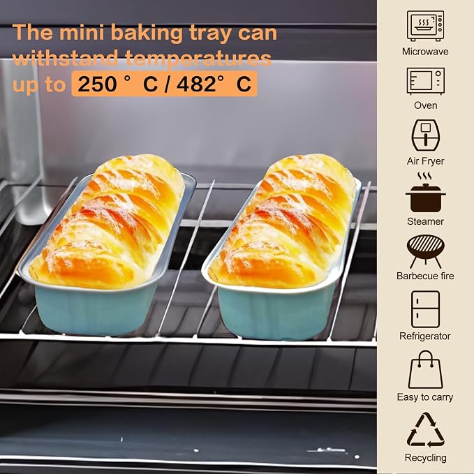 100 Pack Mini Cake Pans with Lids and Spoons, Mini Loaf Baking Pans 6.8oz, Small Disposable Aluminum Foil Loaf Pans, Rectangular Baking Containers for Party and Picnics, Cheesecake Pans (Blue)