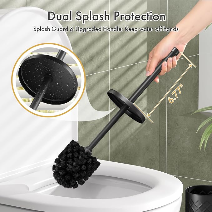 Toilet Bowl Brush and Holder Set 3 Pack with 6 Extra Brush Heads | Extra Long Handle with Splash Guard Cover, Tool-Free Installation, Bathroom Space-Saving, Cleaner Sets for Apartments, RV (Black)