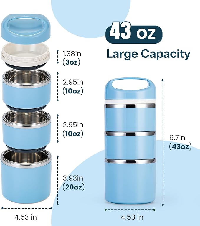 Lille Home Stackable Stainless Steel Thermal Compartment Lunch/Snack Box, 3-Tier Insulated Bento/Food Container with Lunch Bag and Three Extra Seals, 43OZ (Blue)