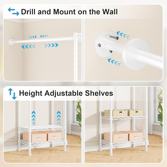 Ulif M2 Wall Mounted Closet System, Clothes Rack Mounted onto the Wall with 4 Expandable Hanger Rods and 5 Metal Shelves, Clothing Organizer Storage in (70.8-102.3)" L x 14.5" D x 71.2" H, White