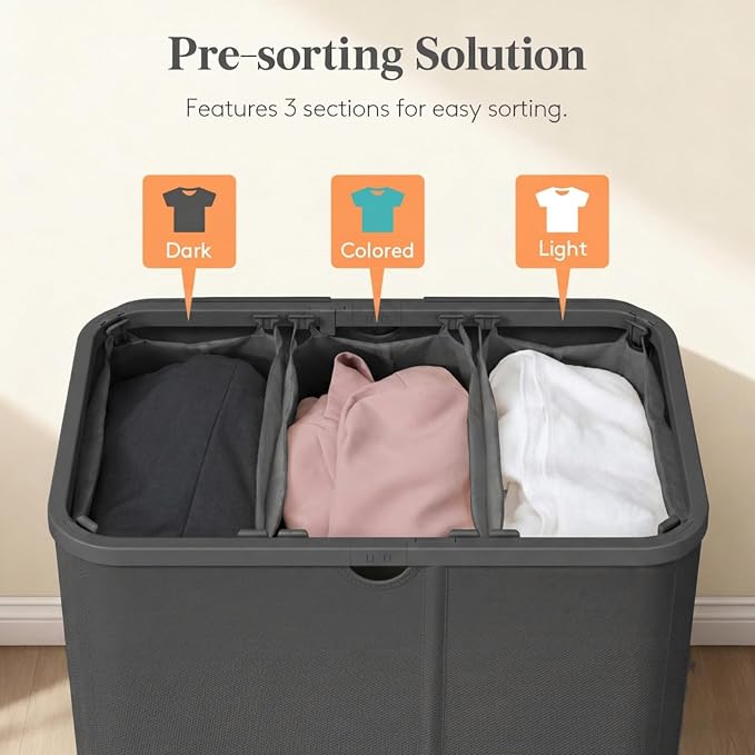 Lifewit 165L 3 Section Laundry Hamper with Lid, Large Laundry Basket with Handles and Removable Bags, Tall Clothes Hamper, Foldable Laundry Sorter for Bedroom Bathroom, Dark Gray
