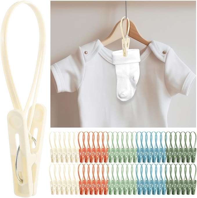 Honeydak 60 Pack Multi-Purpose Laundry Hooks Hanging Clips Bulk with Plastic Rope Hanger Clips for Baby Clothes Closet Organizer for Pants Hat Sock Boot Bra Towel Bathroom Wardrobe (Classic Colors)