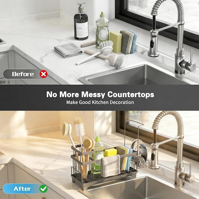 Sponge Holder for Kitchen Sink, Self-Draining Sink Caddy with Detachable Cloth & Dish Brush Rack, Metal Sponge Caddy Organizer for Kitchen Countertop Organizers and Storage Accessories, Gray