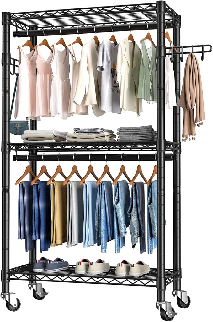 Golpart Heavy Duty Rolling Clothes Rack Wheels Portable Metal Garment Rack | Wardrobe Adjustable Wire Shelving Metal Double Clothing Racks for Hanging Clothes Organizer Closet Laundry Room Organization