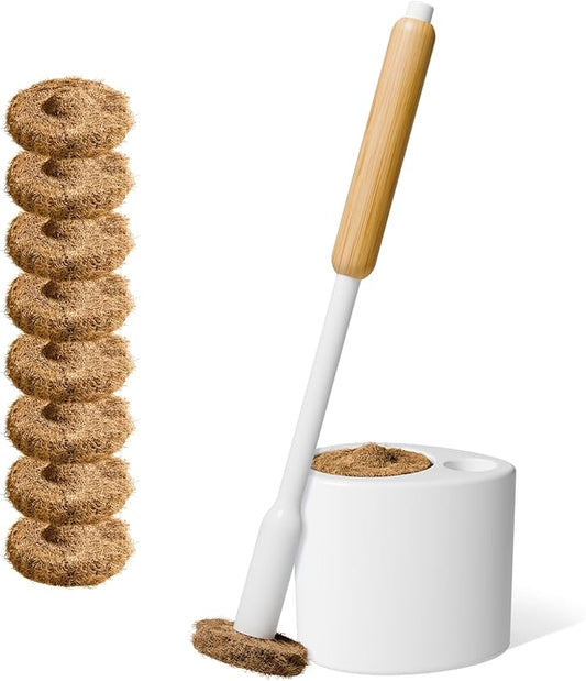 TUSHY Toilet Brush 2.0 Set: with Cleanser-Infused Pads and Holder (Disposable Planet Friendly Refills), Includes 8 Lemon and Tea Tree Coconut Husk Scrubbing Pads