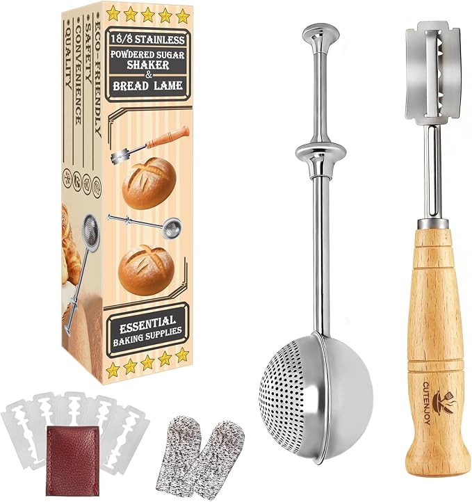 Bread Lame and Flour Duster, 304 Stainless Steel Sourdough Baking Tools with Razor Blades & Leather Cover, Professional Bread Scoring Knife for Baking