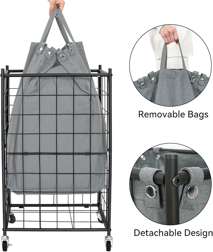 WOWLIVE Rolling Laundry Basket, Metal Wire Frame Laundry Hamper with Wheels | Hamper with Removable Bag, 100L Dirty Clothes Hamper Organizer Dorm Room Storage for Bedroom, Bathroom, Grey