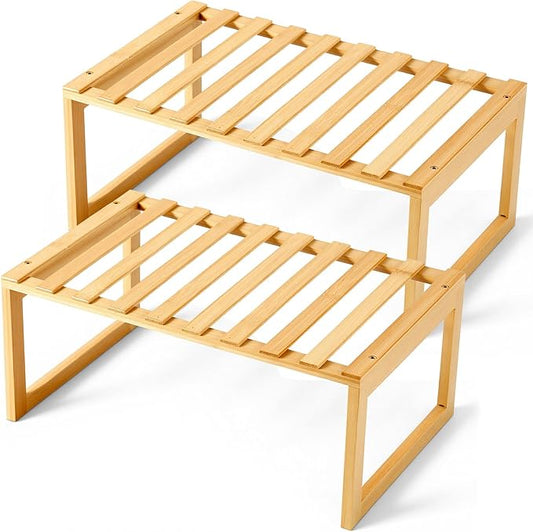 2 Pcs Kitchen Cabinet Organizer Bamboo Bookshelf Bamboo Kitchen Shelves, Cabinet Shelf Organizer, Storage Shelves for Pantry Bathroom Dining Room Study Laundry