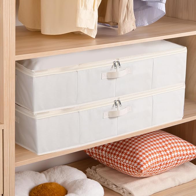 Underbed Storage Organizers,Beige,1 Pack,23.6x11.8x5.9 Inch | Under Bed Storage Container with Lids,Fabric Boxes,Drawer Organizer Bags,Foldable Baskets for Bedroom