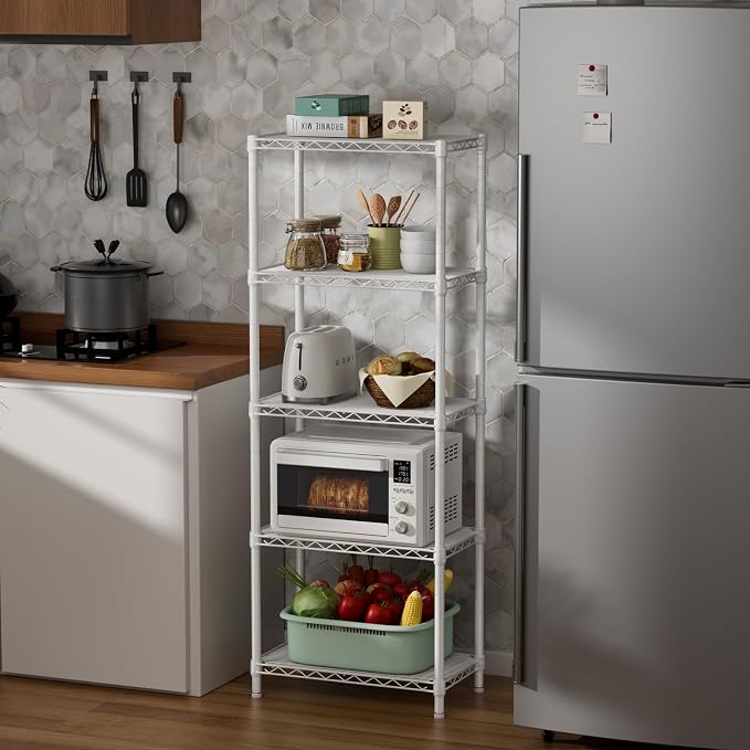 SINGAYE Small Wire 5 Adjustable Shelves Pantry Metal Shelf Floor Organizer | Armoire Adjustable Floor Kitchen Narrow Organizer Rack Shelving Short Square Stackable Standing Storage Tier Under Unit