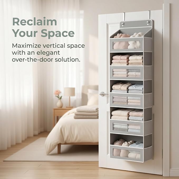 5 tier over the door organizer，behind door organizer，no drill door hanging storage for Bedroom Dorm Wardrobe Home Travel (Modern Minimalist Light Gray)