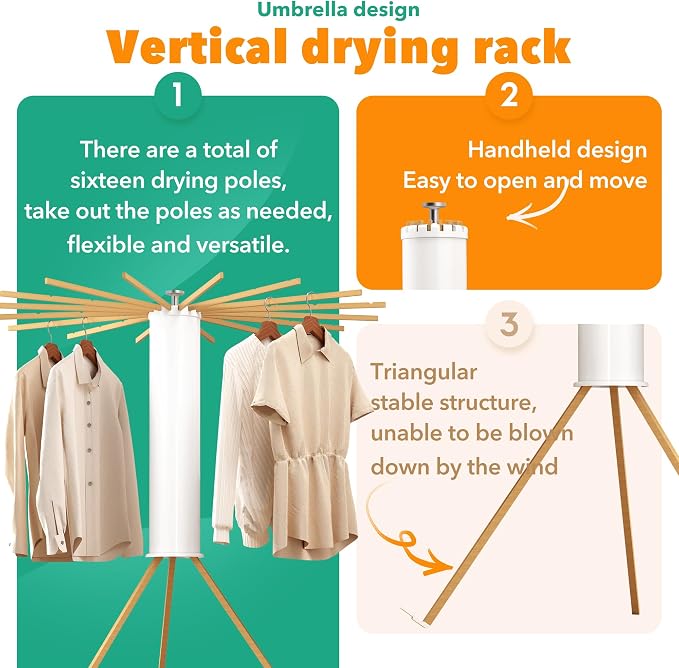 Heavy-Duty Wooden Tripod Clothes Drying Rack, 16 Rods, Large Capacity, 360° Airflow Umbrella Dryer, Foldable Space-Saving Floor Stand for Indoor Outdoor Use