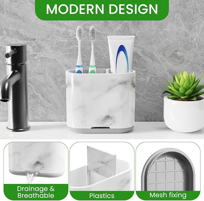 Chintu Toothbrush Holders, 2 Slots Tooth Brush Holder for Bathrooms, Kids Electric Toothbrush and Toothpaste Organizer for Bathroom Countertop Accessories, Shower, Vanity, Storage, Marble/Gray