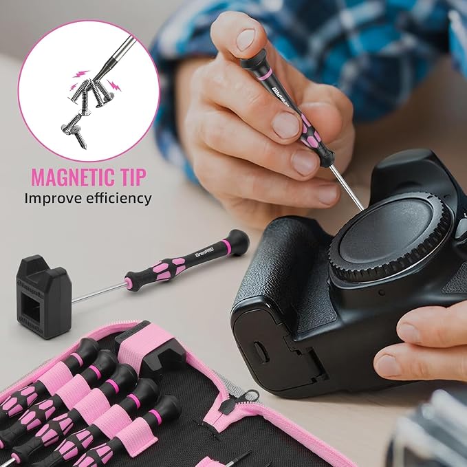 GRENPRO 10-Piece Precision Screwdriver Set, Magnetic Small Screwdrivers with Phillips, Slotted, Torx Star for Eyeglass, Watch, Computer, Laptop, Phone,Pink
