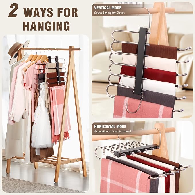 HUITEM 4 Pack 6-Tier Space Saving Pant Hangers, Anti-Slip, Lightweight, Stainless Steel, Black, 6 Pairs Jeans Hangers