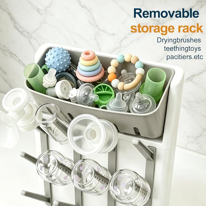 GoMaihe Baby Bottle Drying Rack: Space Saving Vertical Bottle Dryer Holder | The Large Top Compartment Storage Stand Organize Brushes Pacifiers on Countertop - BPA-Free - Gray