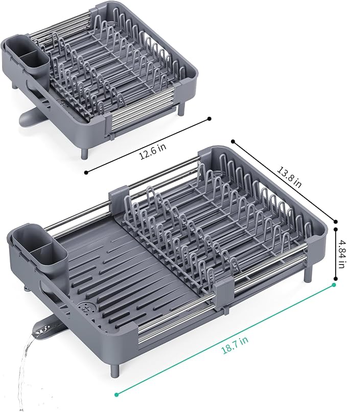 TOOLF Dish Drying Rack, Expandable Dish Rack for Kitchen Counter, Anti-Rust Dish Drainer, Sink Organization and Storage Essentials with Cutlery & Cup Holder, Gray