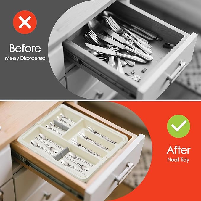 Silverware Organizer, Expandable Cutlery Drawer Organizer Utensil Tray for Home and Kitchen, Upgrade Adjustable Plastic Storage Flatware Holder for Forks, Spoons and Knives Large White